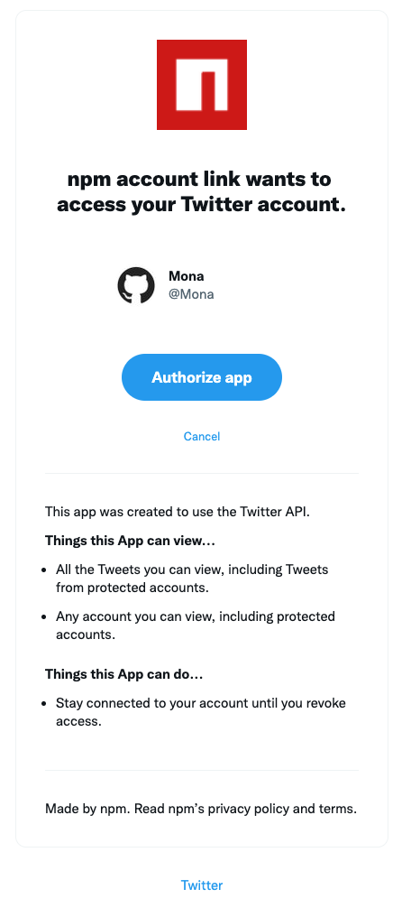Landing page to authorize the installation of the npm account linking app